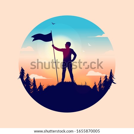 Man holding flagpole with waving flag on hilltop, looking at the freedom of nature. Forest, clouds and sky. Retro warm colours, winner, accomplishment and success concept. Circular vector illustration