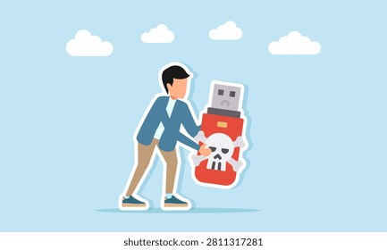 Man holding flashdisk with skull ornament illustration of virus injection program