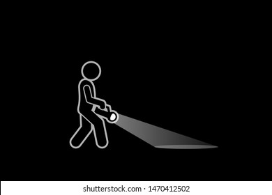 Man Holding A Flashlight Looking And Searching For Something In The Dark Place. Vector Artwork Of A Person Walking And Finding Way Or Thing With A Shinning Torch Light.