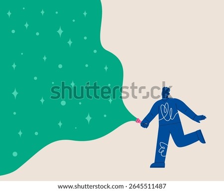 Man holding a flashlight shines. Concept of searching. Colorful vector illustration
