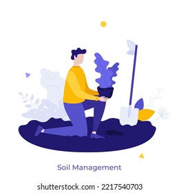 Man holding flower above pit and shovel. Concept of soil fertilization, plant cultivation, agriculture, farming or husbandry, caring of garden vegetation. Modern flat vector illustration for poster.