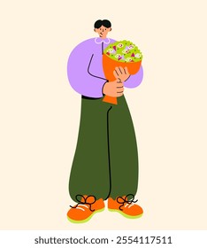 Man Holding a Flower Bouquet in a Modern Whimsical Style. Flat vector illustration
