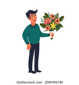 Man holding flower bouquet. Vector illustration in flat cartoon style on white background.