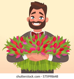 Man holding flowers. Happy March 8 International Women's Day.  Element for greeting card on his birthday. Vector illustration in a flat style