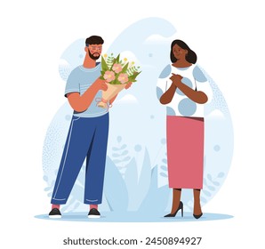 A man holding flowers for a surprised woman, on a floral and abstract background, concept of gifting and gratitude. Flat cartoon vector illustration