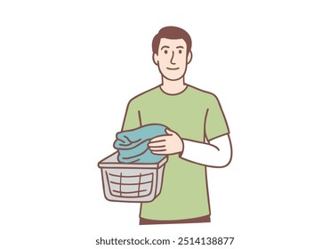 Hombre sosteniendo ropa doblada y botella de detergente en la lavandería. Ilustraciones de diseño de Vector de estilo dibujado a mano.