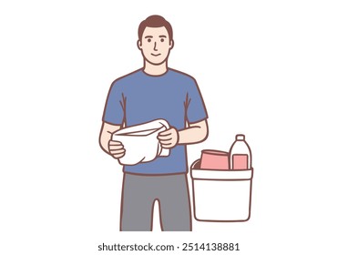 man holding folded clothes and detergent bottle at laundry room. Hand drawn style vector design illustrations.