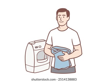 man holding folded clothes and detergent bottle at laundry room. Hand drawn style vector design illustrations.