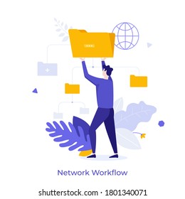 Man holding folder. Concept of workflow network, internet service for file management and document storage, online work organization system. Modern flat colorful vector illustration for banner.