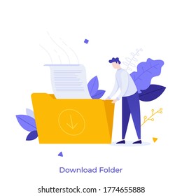 Man holding folder with document. Concept of file download, data storage, cloud computing service, digital information organization. Modern flat colorful vector illustration for poster, banner.