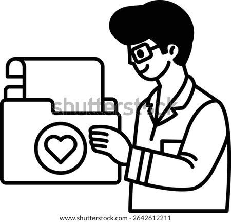 A man is holding a folder with a heart on it. He is smiling and he is happy