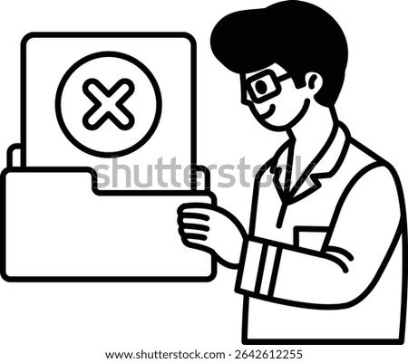 A man is holding a folder with an X on it. He is wearing glasses and a lab coat