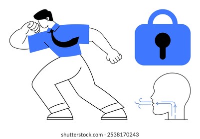 Hombre sosteniendo el antebrazo a la boca, icono de candado azul y el icono de aire que sopla la cara. Ideal para temas de salud, prevención de virus, salud respiratoria, seguridad, privacidad. Estilo de Vector simple, colores minimalistas