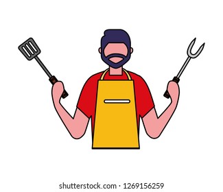 man holding fork and spatula