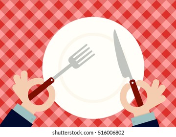 Man holding fork and spoon with empty plate. Flat vector image. Top view