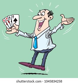 Man holding four aces on white background. Concept of Gambling entertainment business.Vector illustration of four aces poker hand.