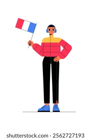 Man Holding French Flag In Flat Vector Illustration Symbolizing Patriotism, National Pride, And Celebration, Isolated On White Background.