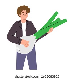 Man holding a fresh onion in hand. Healthy eating, vegan food and organic lifestyle concept. Organic farm vegetable. Vector illustration.