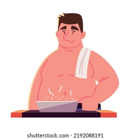man holding frying pan icon isolated