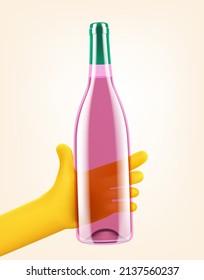 Man Holding A Full Bottle Of Rose Wine In A Hand. 3d Vector Illustration