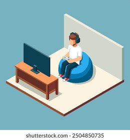 A Man Holding A Game Controller In Front Of A TV With Isometric Design Style