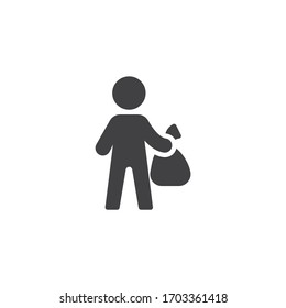 Man Holding Garbage Bag Vector Icon. Filled Flat Sign For Mobile Concept And Web Design. Man With Trash Bag Glyph Icon. Symbol, Logo Illustration. Vector Graphics