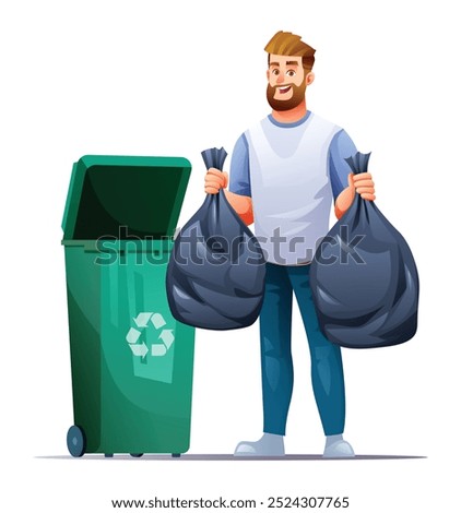 Man holding garbage bags standing near a recycling bin, wearing casual clothing. Vector cartoon illustration