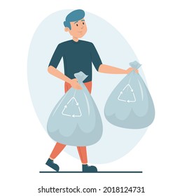 Man holding garbage bags vector isolated. Illustration of a guy taking trash out of home. Cleaning home, doing domestic work concept.