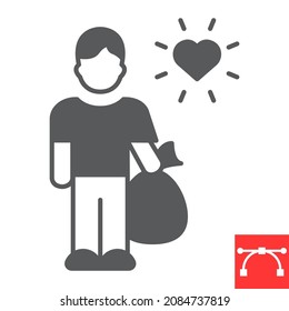 Man holding garbage glyph icon, trash and volunteering, garbage disposal vector icon, vector graphics, editable stroke solid sign, eps 10.