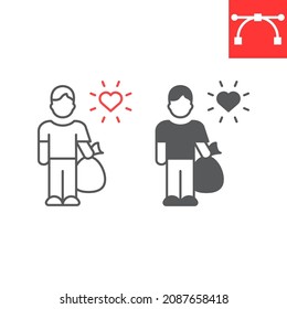 Hombre con línea de basura e icono de glifo, basura y voluntariado, icono del vector de eliminación de basura, gráficos vectoriales, símbolo de contorno de trazo editable, eps 10.