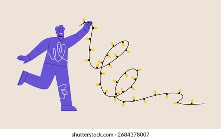 Man holding garlands with light bulbs. Colorful vector illustration
