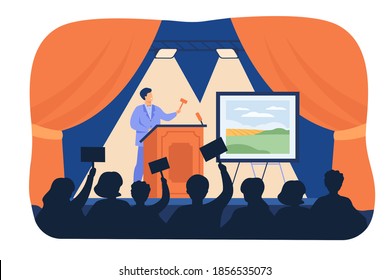 Man Holding Gavel Behind Special Stand And Selling Picture Flat Vector Illustration. Cartoon Crowd Of Buyer Raising Hands And Bidding Price. Art Auction And Painting Gallery Concept