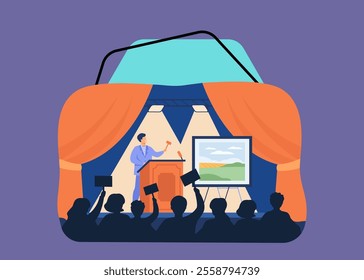 Man holding gavel behind special stand and selling picture flat vector illustration. Cartoon crowd of buyer raising hands and bidding price. Art auction and painting gallery concept