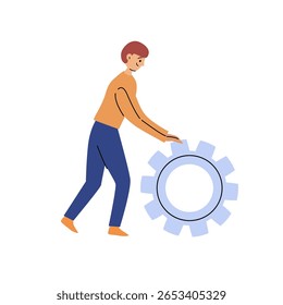 Hombre sosteniendo el equipo. Ilustración vectorial plana que simboliza el proceso, la configuración, el trabajo en equipo, la tecnología, la configuración del sistema o el desarrollo empresarial.