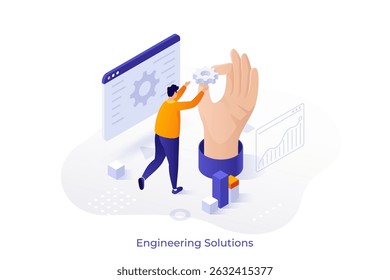 Homem segurando uma engrenagem com uma mão gigante emergindo de um dispositivo, simbolizando soluções de engenharia. Conceito de desenvolvimento tecnológico inovador. Ilustração vetorial em estilo isométrico.