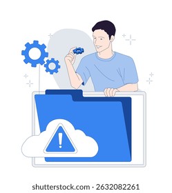 A man holding a gear stands behind a large folder with a cloud warning symbol, in a flat graphic style, on a white background. Concept of cloud error fixing. Vector illustration