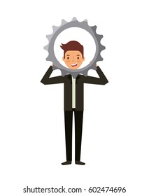 man holding a gear wheel over white background. teamwork concept. colorful design. vector illustration