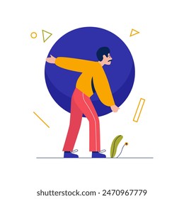Man holding geometric figure, tiny male character carrying blue round shape vector illustration