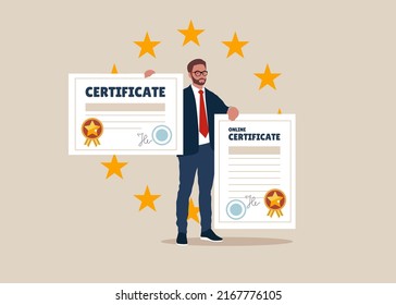 Man holding or getting a certificate and award paper. prize and appreciation concept, best graduate, cum laude. flat design. can be used for elements, landing pages, UI, characters