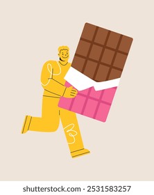 Man holding giant chocolate bar. Colorful vector illustration
