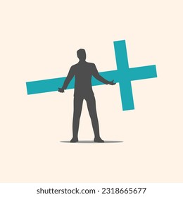 Man holding giant cross. Religion concept illustration.