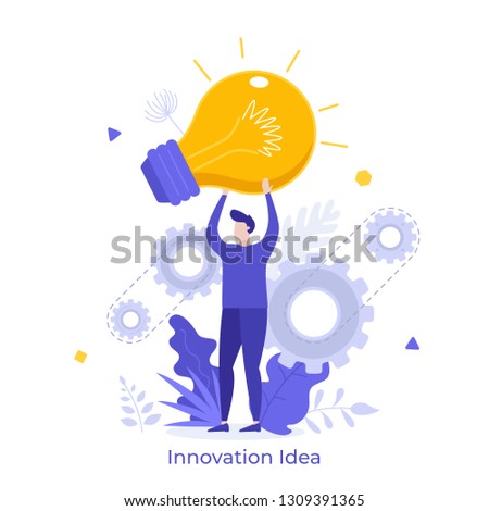 Man holding giant glowing electric light bulb. Concept of innovative idea, innovation, breakthrough technology, modern thinking. Vector illustration in flat style for banner, poster, advertisement.