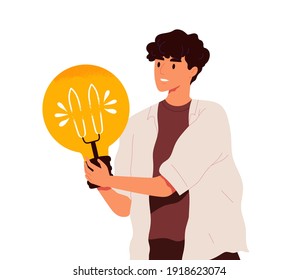 Man holding giant light bulb as symbol of creative ideas generation, and solutions and answers finding. Concept of insight. Colored flat textured vector illustration isolated on white background