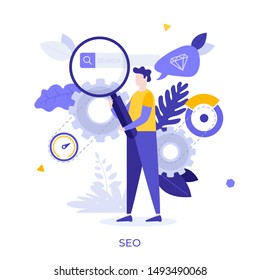 Man holding giant magnifying glass or loupe. Concept of SEO or search engine optimization, internet algorithm for increasing website visibility, online marketing strategy. Flat vector illustration.