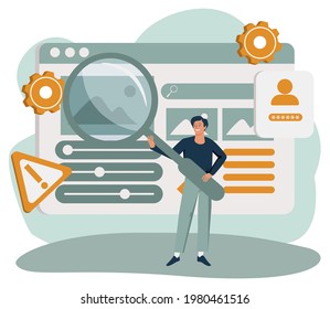 man holding giant magnifying glass or loupe. Concept of SEO or search engine optimization, internet algorithm for increasing website visibility, online marketing strategy. Flat vector illustration.