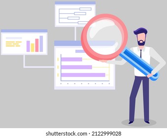 Man holding giant magnifying glass and analyzing statistical charts. Graphs with data on tables. Marketing project results, data analysis. Colleagues discuss statistical indicators, business research