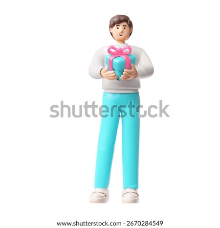 Man holding gift box with bow. 3D plastic style icon. Holiday surprise, birthday celebration. Cartoon excited people present. Full height guy character. Vector render illustration isolated
