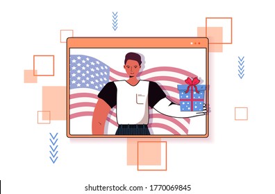 hombre sostiene caja de regalo celebrando el 4 de julio el concepto del Día de la Independencia americana web navegador web retrato ilustración horizontal vectorial
