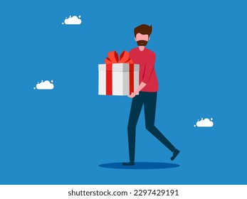 hombre sosteniendo una caja de regalo. El concepto de recompensas en el trabajo. vector 