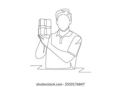 Man holding gift box. Gift box concept one-line drawing